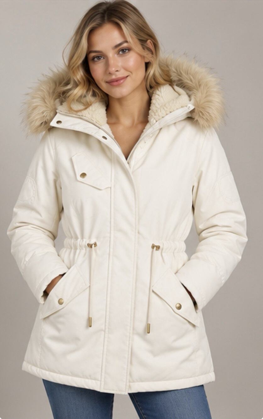 J Crew Parka Coat Womens Small Ivory Hooded Fur Trim Fleece Lined Winter